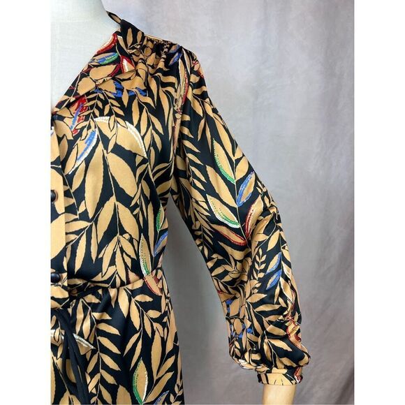 Vintage 70s 80s Botanical Print Dress XL Gold and Black Print - Picture 4 of 9